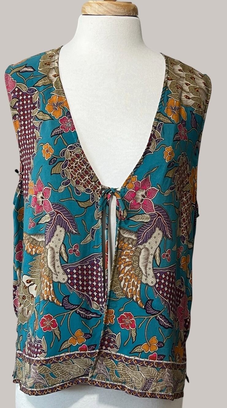 Diane Gilman Indie Boho Silk Tie Front Vest Top Womens M Botanical Artisan